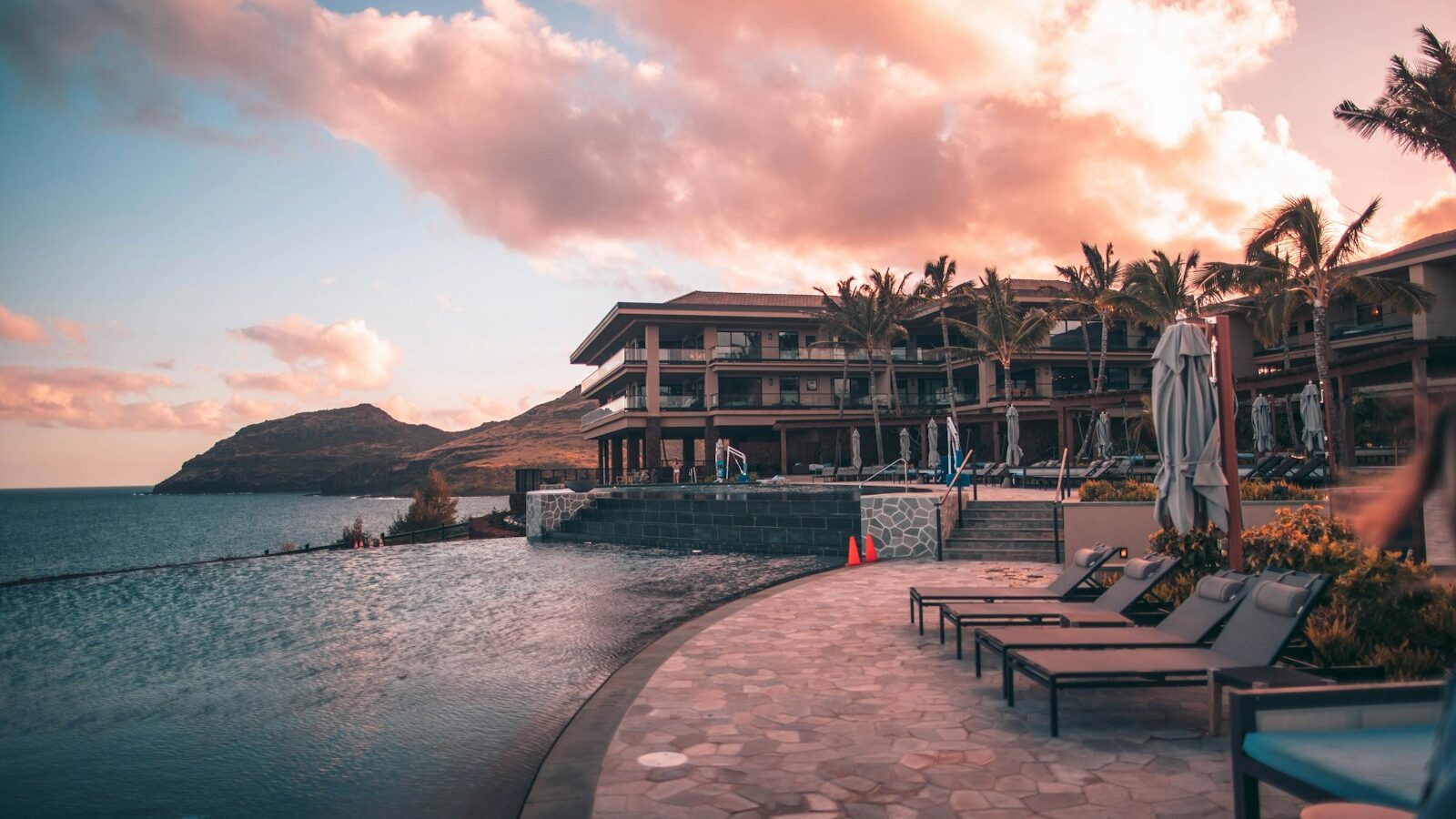 Modern hotel resort with infinity pool overlooking the landscape