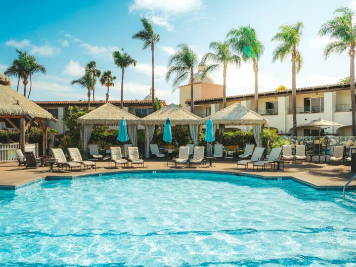 Hotel resort exterior with swimming pool
